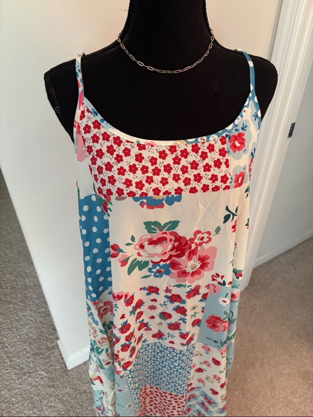 Floral Patchwork Maxi Dress - White with Red & Blue Floral Perfect Beach Dress! - Picture 4 of 5